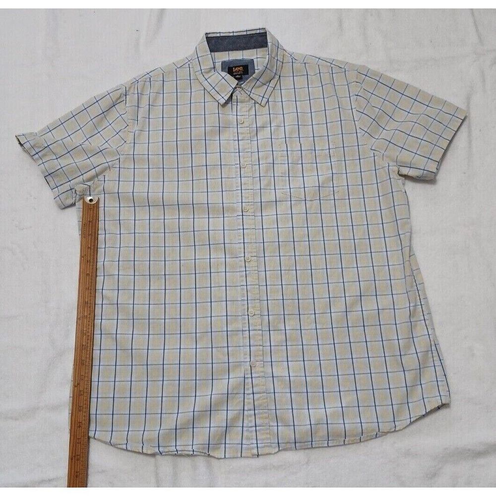Lee Mens Regular Fit Plaid Short Sleeve Button Down Shirt Cream Blue Yellow XL